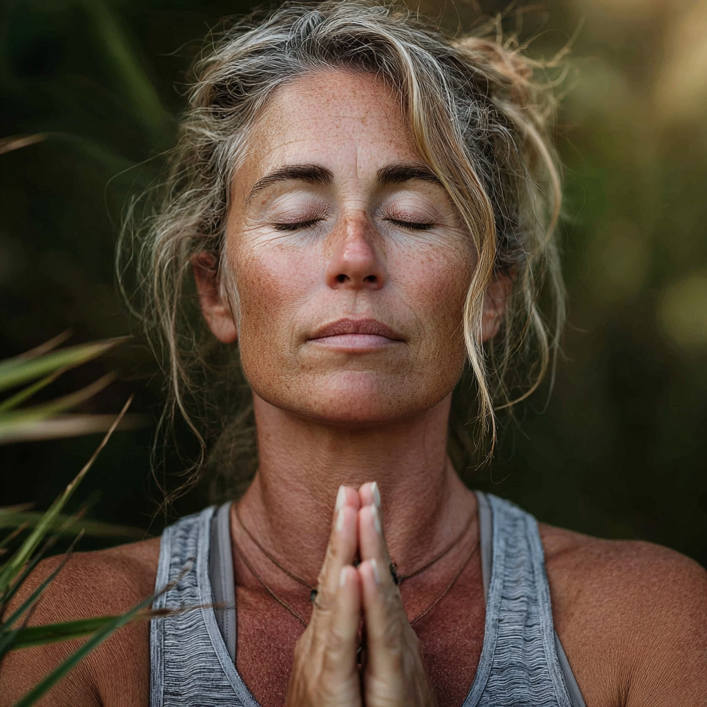 Serene woman in her forties practicing yoga meditation outdoors in a peaceful natural setting, showing deep concentration and inner peace during her wellness journey
